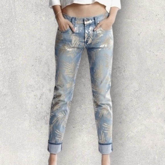 7 For All Mankind Denim - 7 For All Mankind Cropped Relaxed Skinny Jeans Gold Leaf Print (Sample) NWT